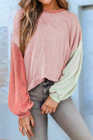 Corded Colorblock Loose Fit Long Sleeve Top | S-2XL