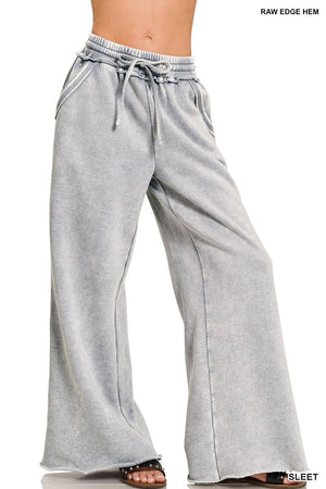 SI-26832 Acid Wash Fleece Palazzo Sweatpants With Pockets